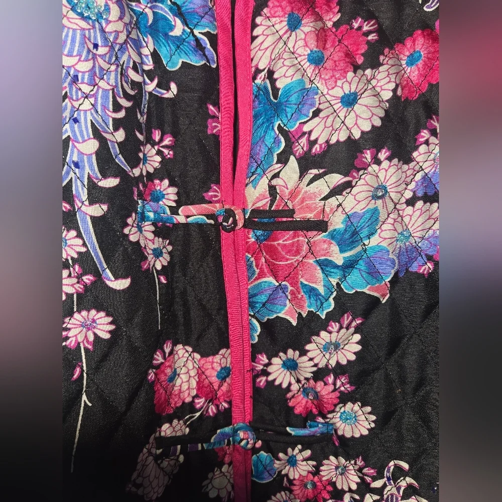 SilkLand Vibrant Floral Silk Coat, Beading, Artsy, Asain, Size XL - Picture 5 of 9